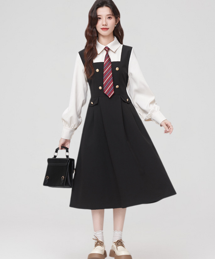 フェイクツーピースワイドカラータイ付きワンピース – jemiremi