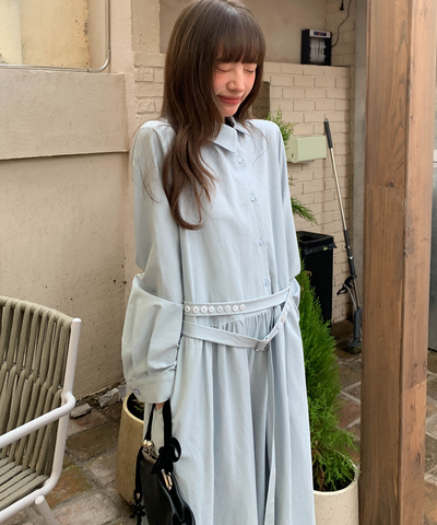 アシンメトリーボタンウエストベルトワンピース