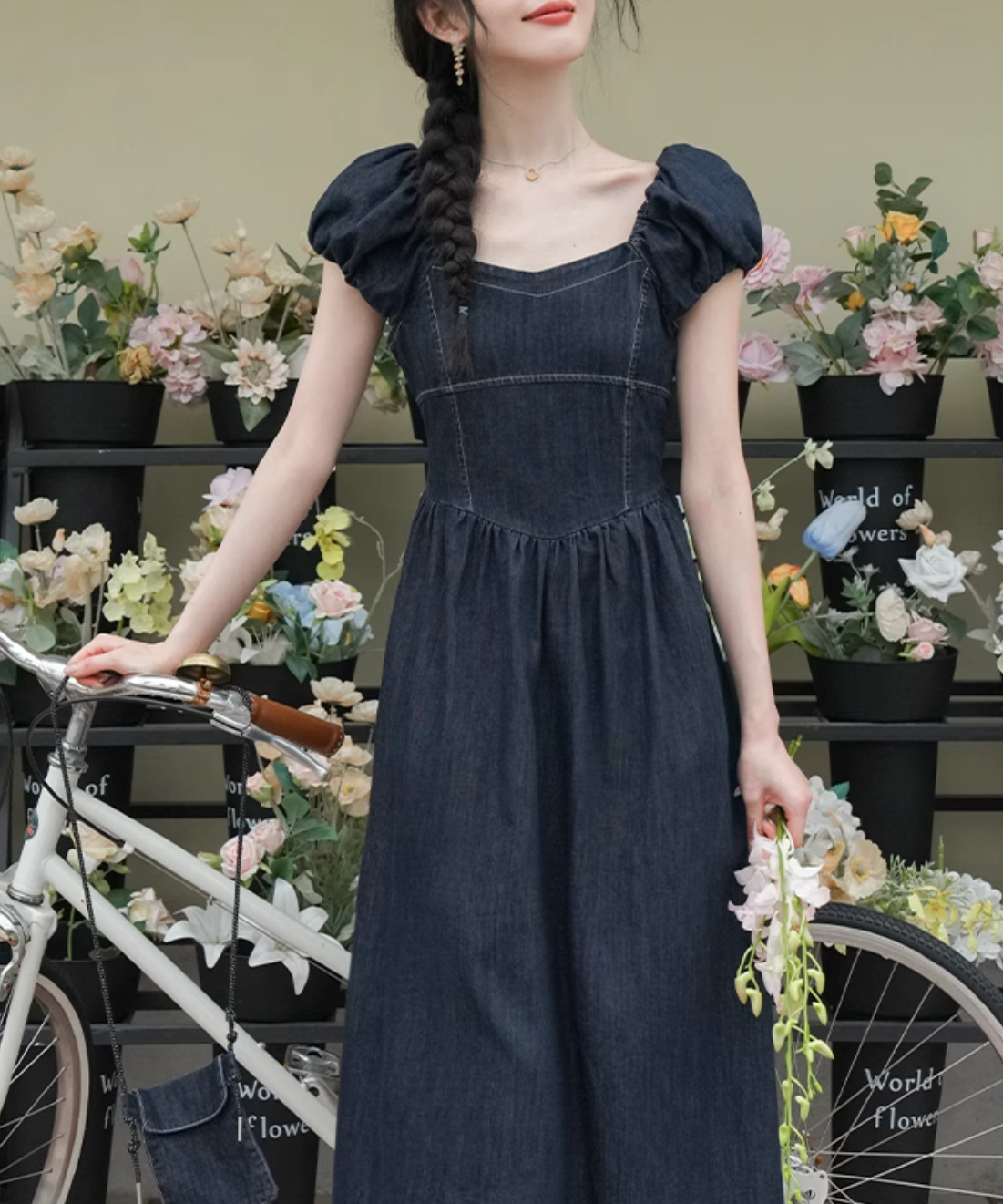 パフスリーブウエスト切り替えデニムワンピース