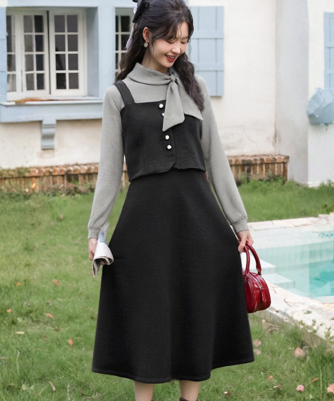 リボンタイフェイクツーピースワンピース