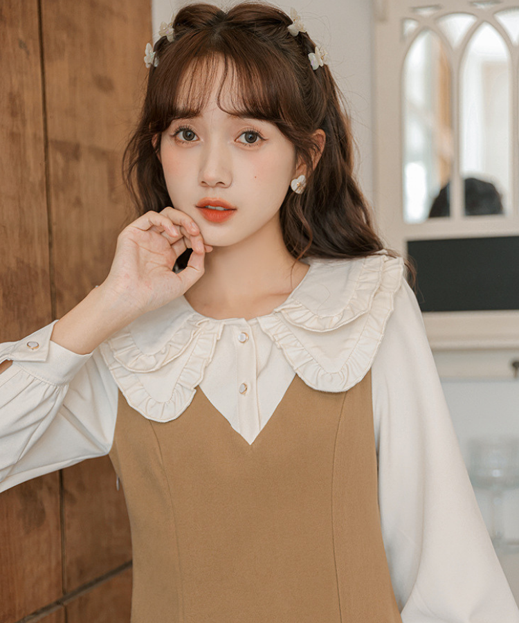 ダブルフリルカラーブラウス風Aラインフェイクレイヤードミニワンピース