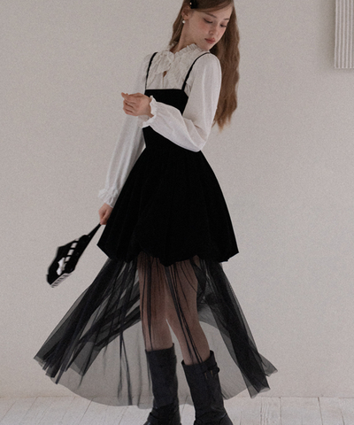 ベロア切替チュールスカートレイヤードキャミワンピース