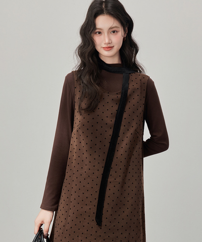 リボン付きドットベロアフェイクツーピースワンピース