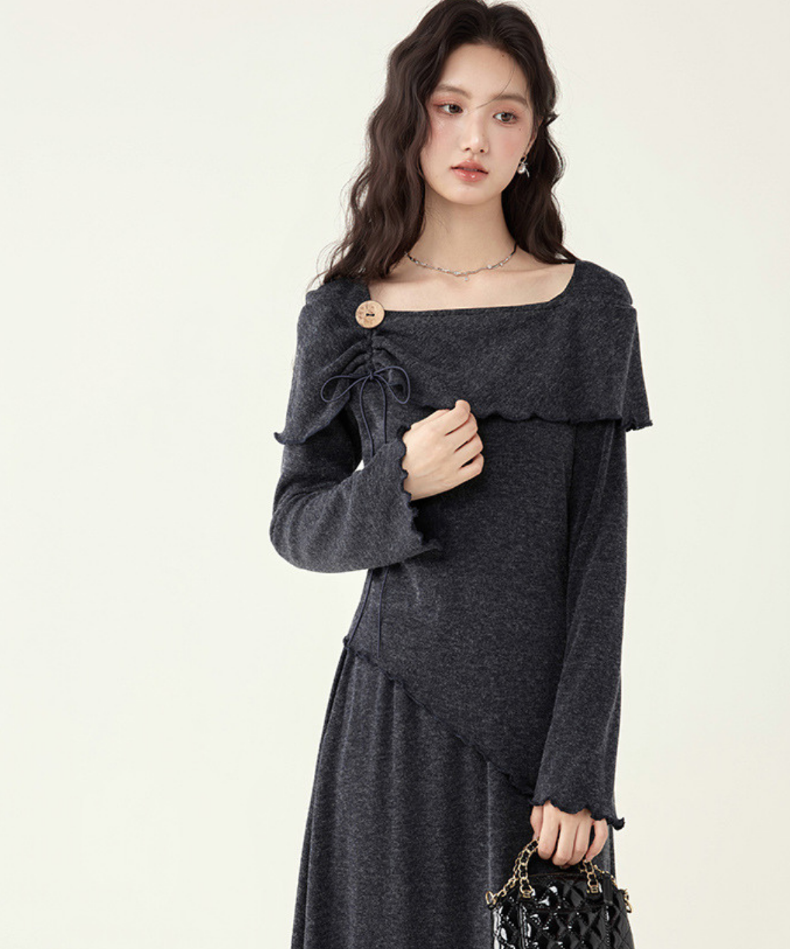 飾りリボン付きアシンメトリートップス＋フレアスカート 2点セット