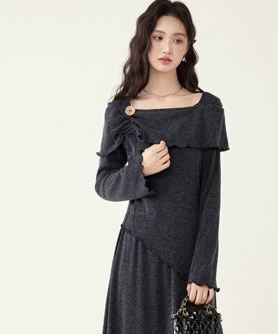 飾りリボン付きアシンメトリートップス＋フレアスカート 2点セット