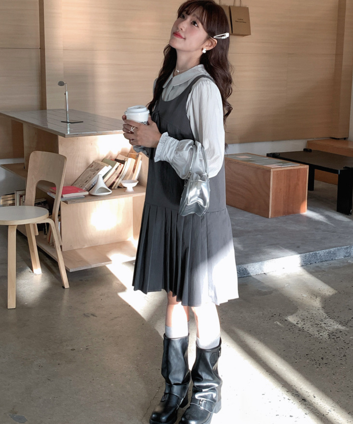 リボン付きプリーツ切替ワンピース