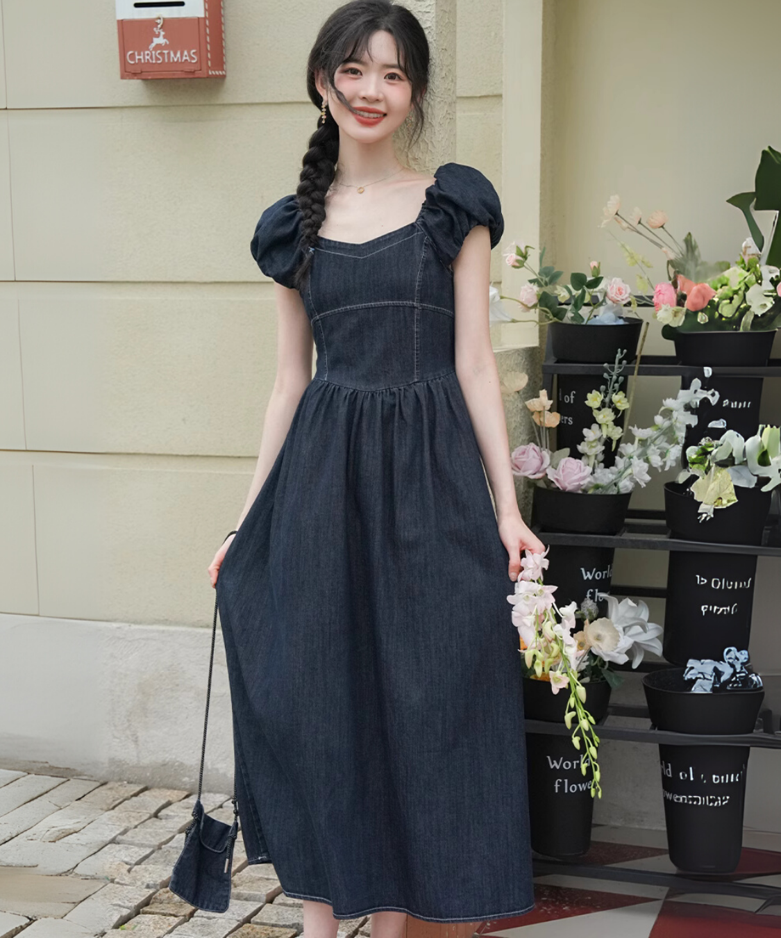 パフスリーブウエスト切り替えデニムワンピース