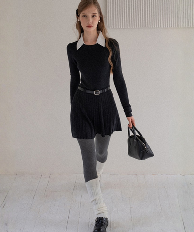 配色シャツ襟プリーツニットワンピース