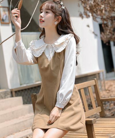 ダブルフリルカラーブラウス風Aラインフェイクレイヤードミニワンピース