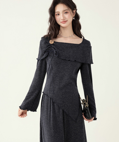 飾りリボン付きアシンメトリートップス＋フレアスカート 2点セット