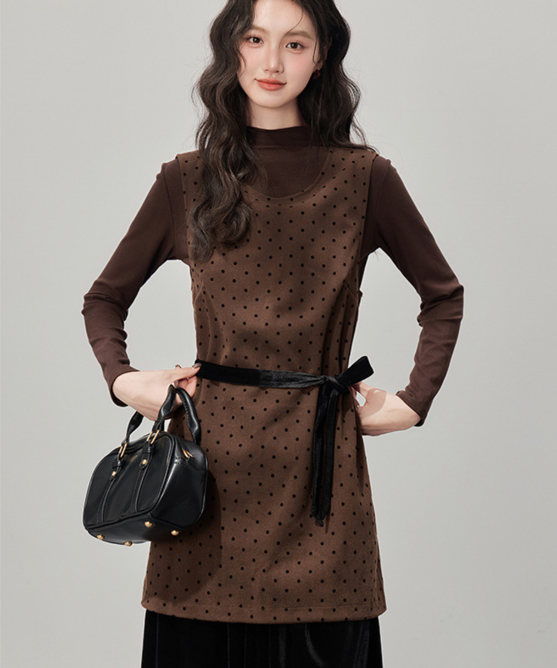 リボン付きドットベロアフェイクツーピースワンピース