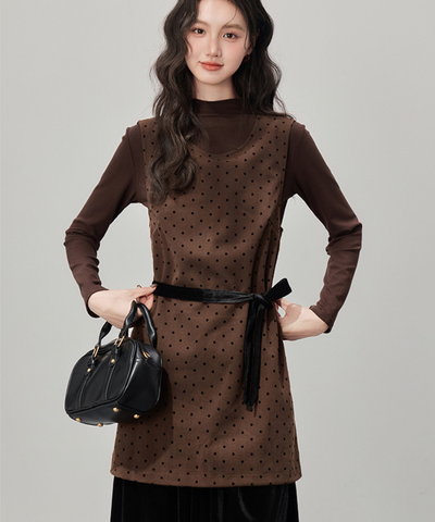 リボン付きドットベロアフェイクツーピースワンピース