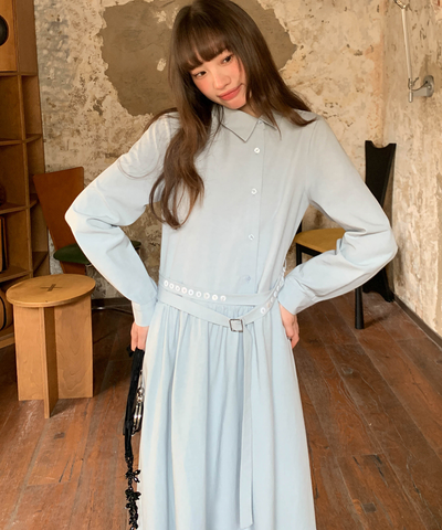 アシンメトリーボタンウエストベルトワンピース