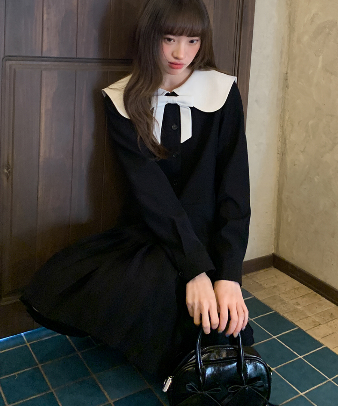 配色セーラーカラープリーツスカートワンピース