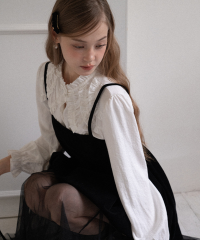 ベロア切替チュールスカートレイヤードキャミワンピース