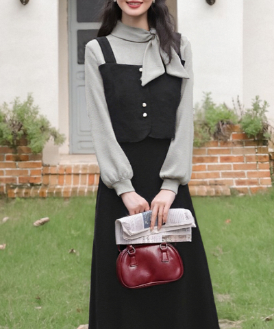 リボンタイフェイクツーピースワンピース