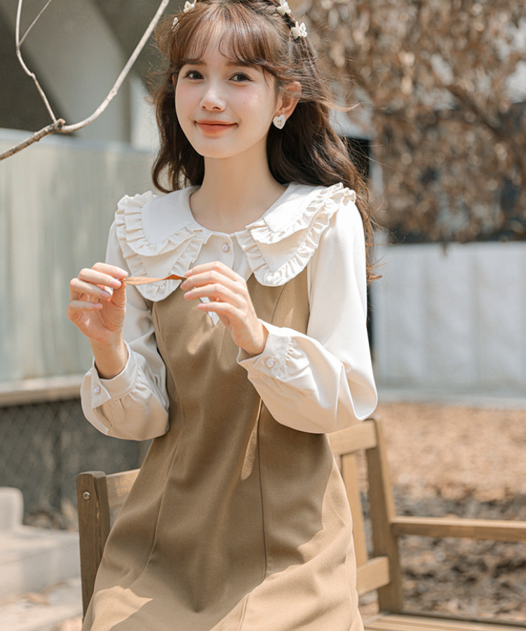 ダブルフリルカラーブラウス風Aラインフェイクレイヤードミニワンピース