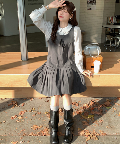 リボン付きプリーツ切替ワンピース