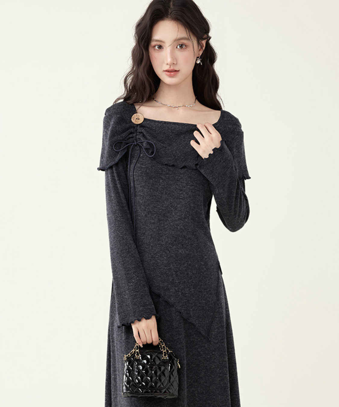 飾りリボン付きアシンメトリートップス＋フレアスカート 2点セット