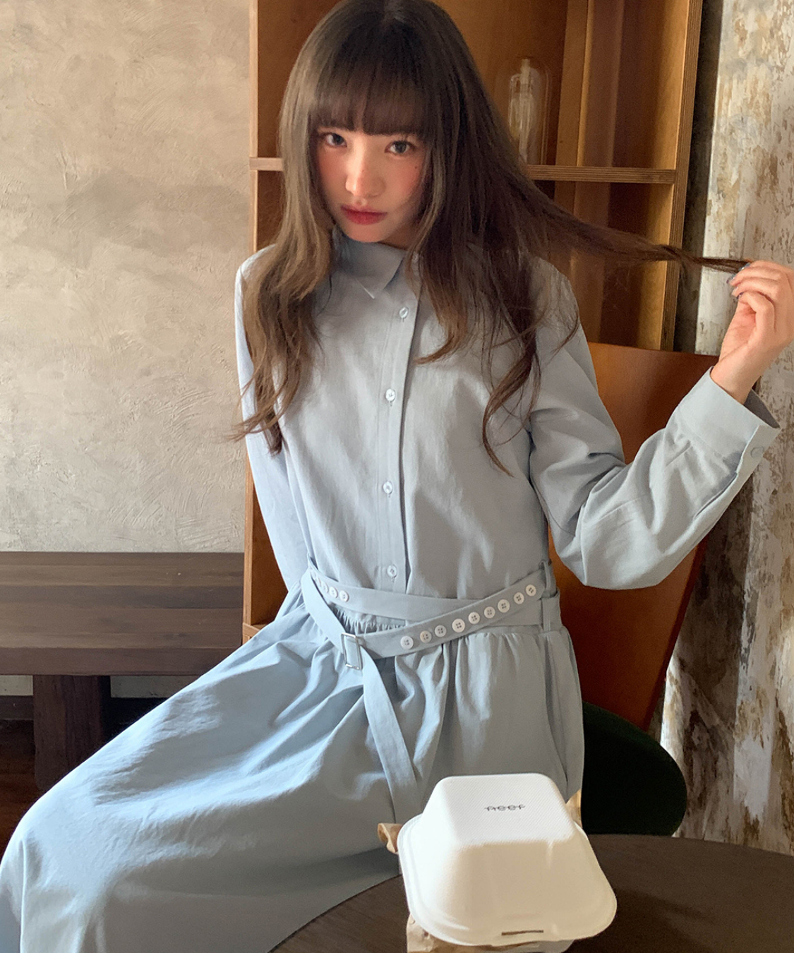 アシンメトリーボタンウエストベルトワンピース