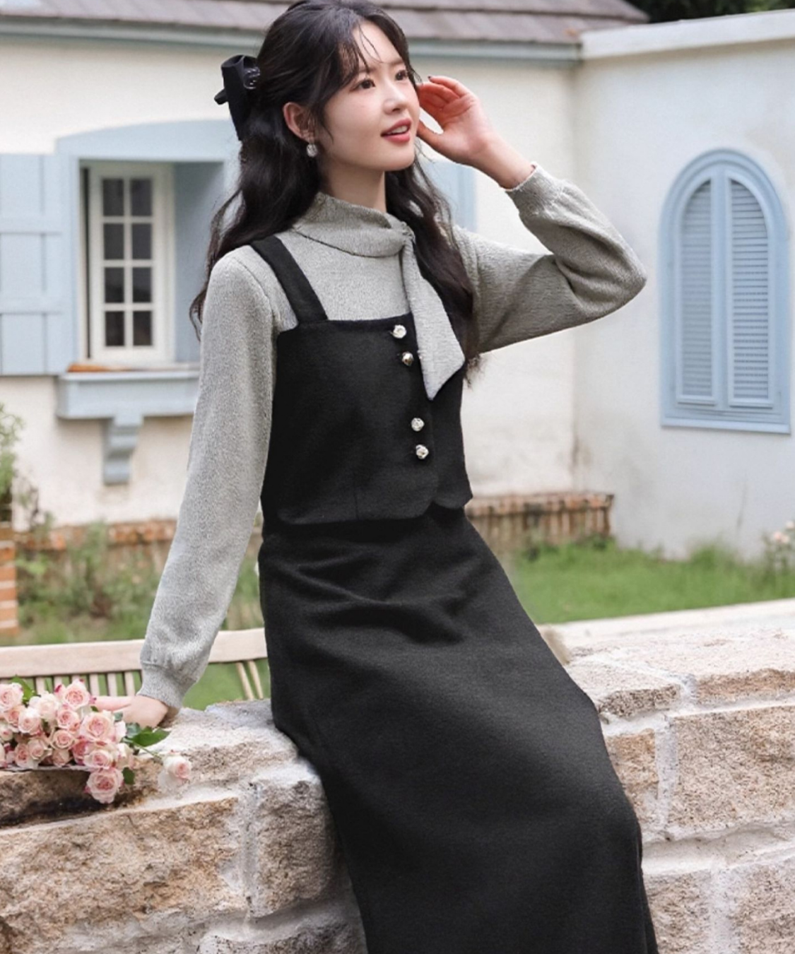 リボンタイフェイクツーピースワンピース