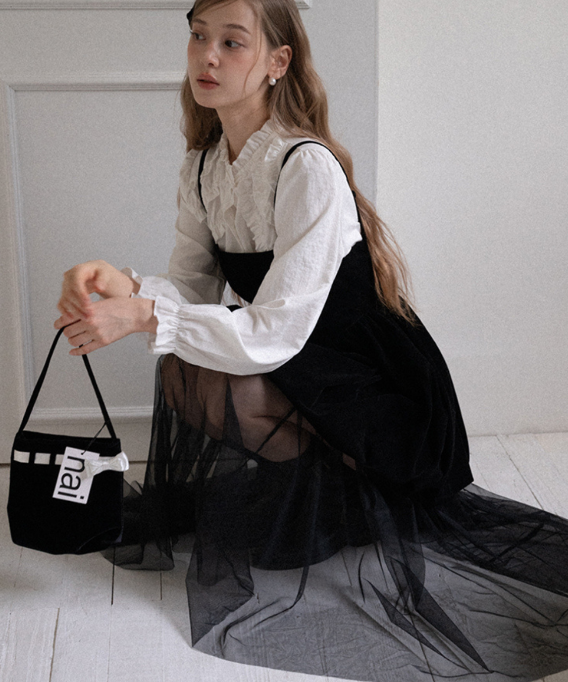 ベロア切替チュールスカートレイヤードキャミワンピース