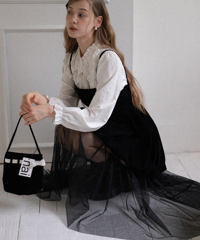 ベロア切替チュールスカートレイヤードキャミワンピース