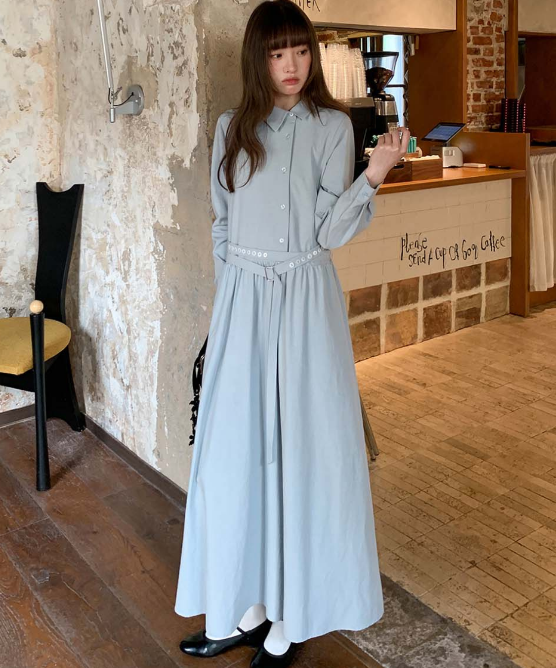 アシンメトリーボタンウエストベルトワンピース