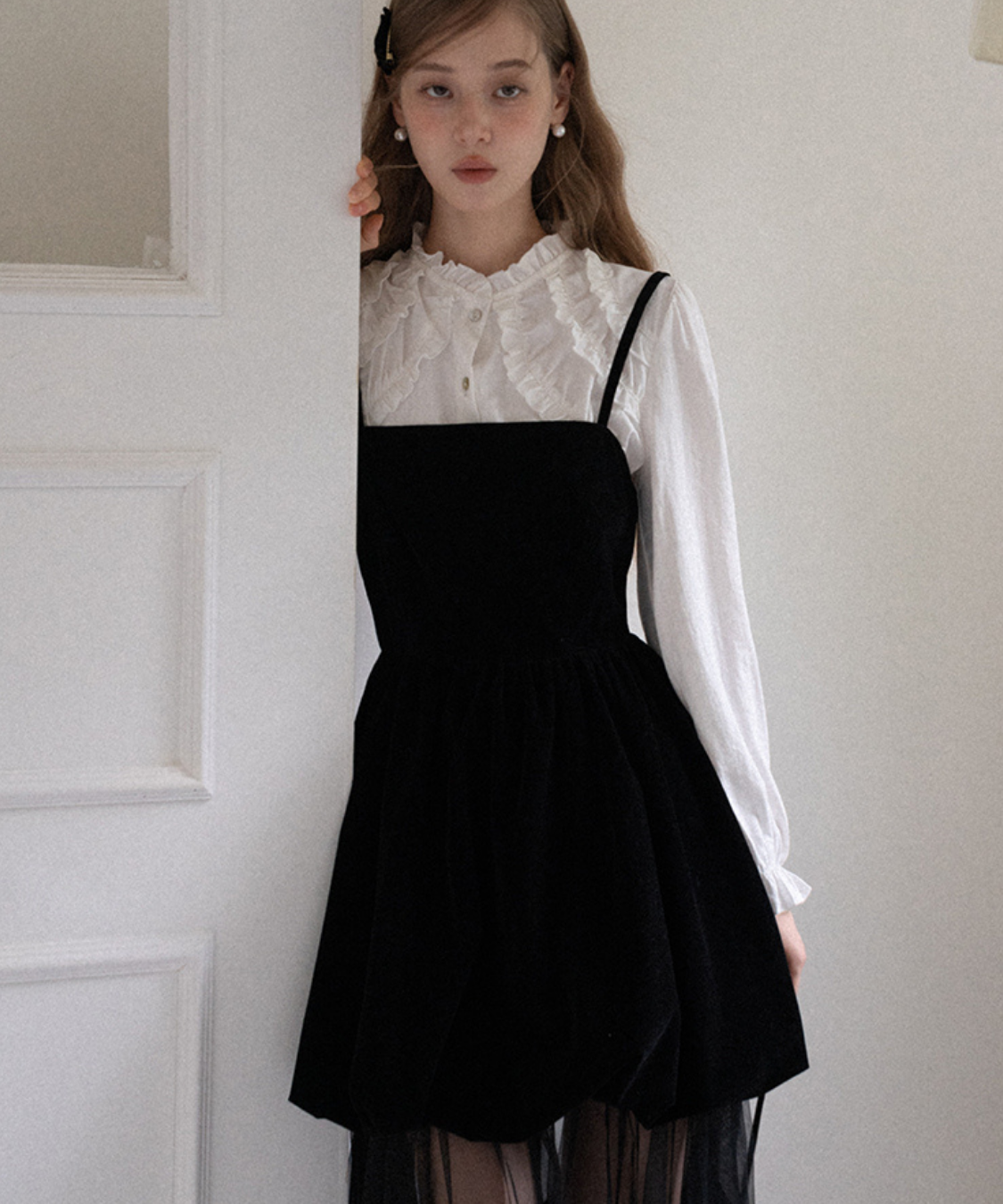 ベロア切替チュールスカートレイヤードキャミワンピース