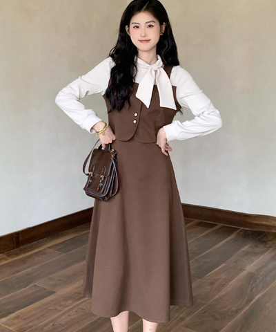 リボンタイフェイクツーピースワンピース