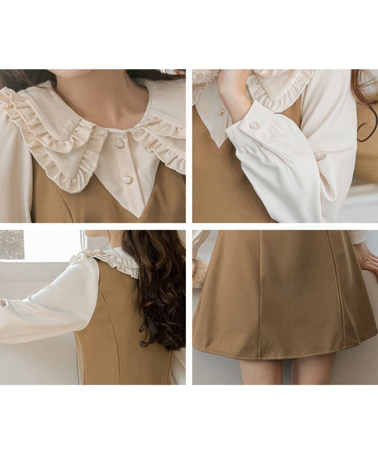 ダブルフリルカラーブラウス風Aラインフェイクレイヤードミニワンピース