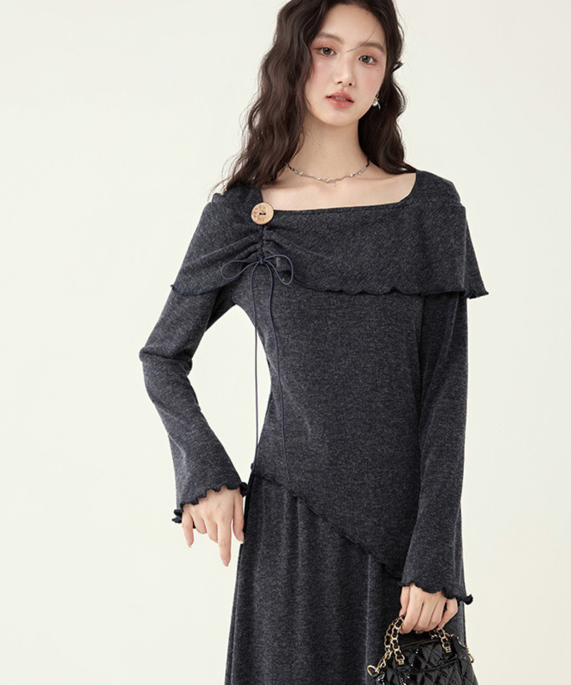 飾りリボン付きアシンメトリートップス＋フレアスカート 2点セット