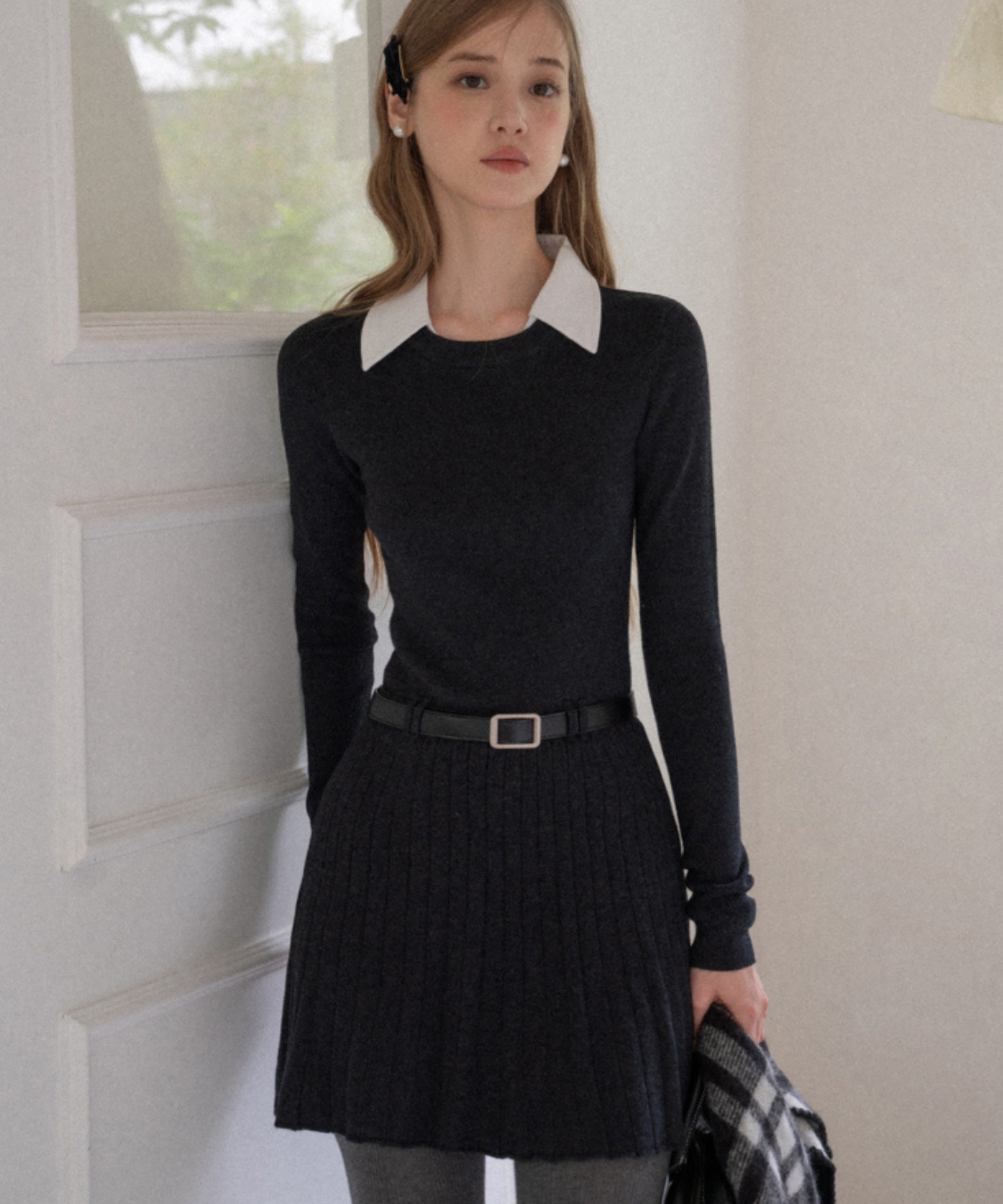 配色シャツ襟プリーツニットワンピース