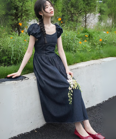 パフスリーブウエスト切り替えデニムワンピース