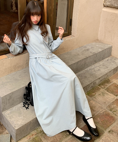 アシンメトリーボタンウエストベルトワンピース