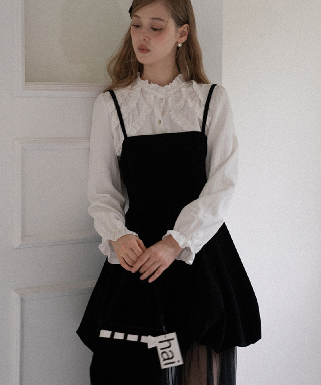 ベロア切替チュールスカートレイヤードキャミワンピース