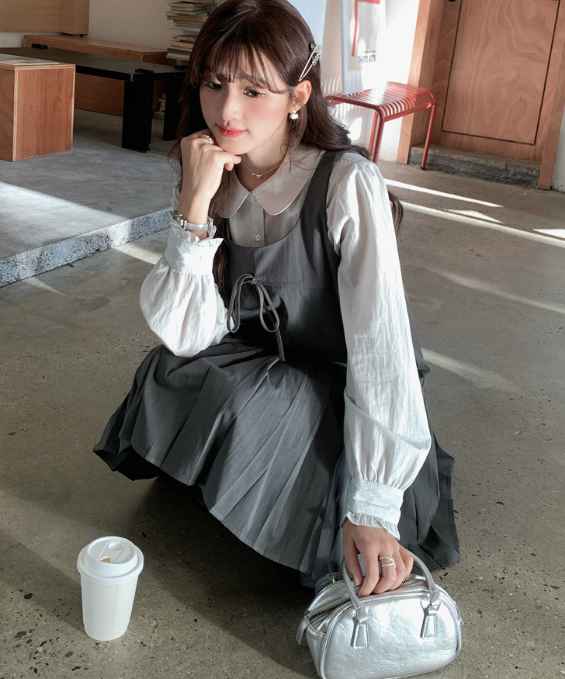 リボン付きプリーツ切替ワンピース