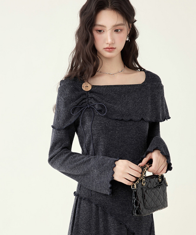 飾りリボン付きアシンメトリートップス＋フレアスカート 2点セット