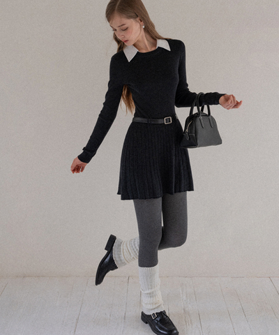 配色シャツ襟プリーツニットワンピース