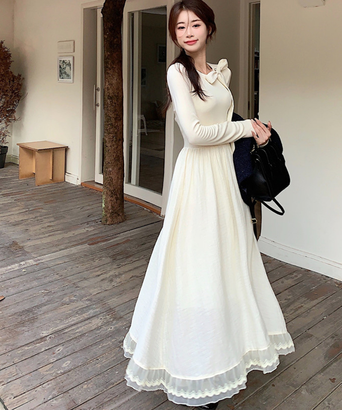 レース裾リボンフィットフレアワンピース