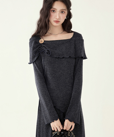 飾りリボン付きアシンメトリートップス＋フレアスカート 2点セット