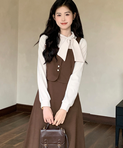 リボンタイフェイクツーピースワンピース