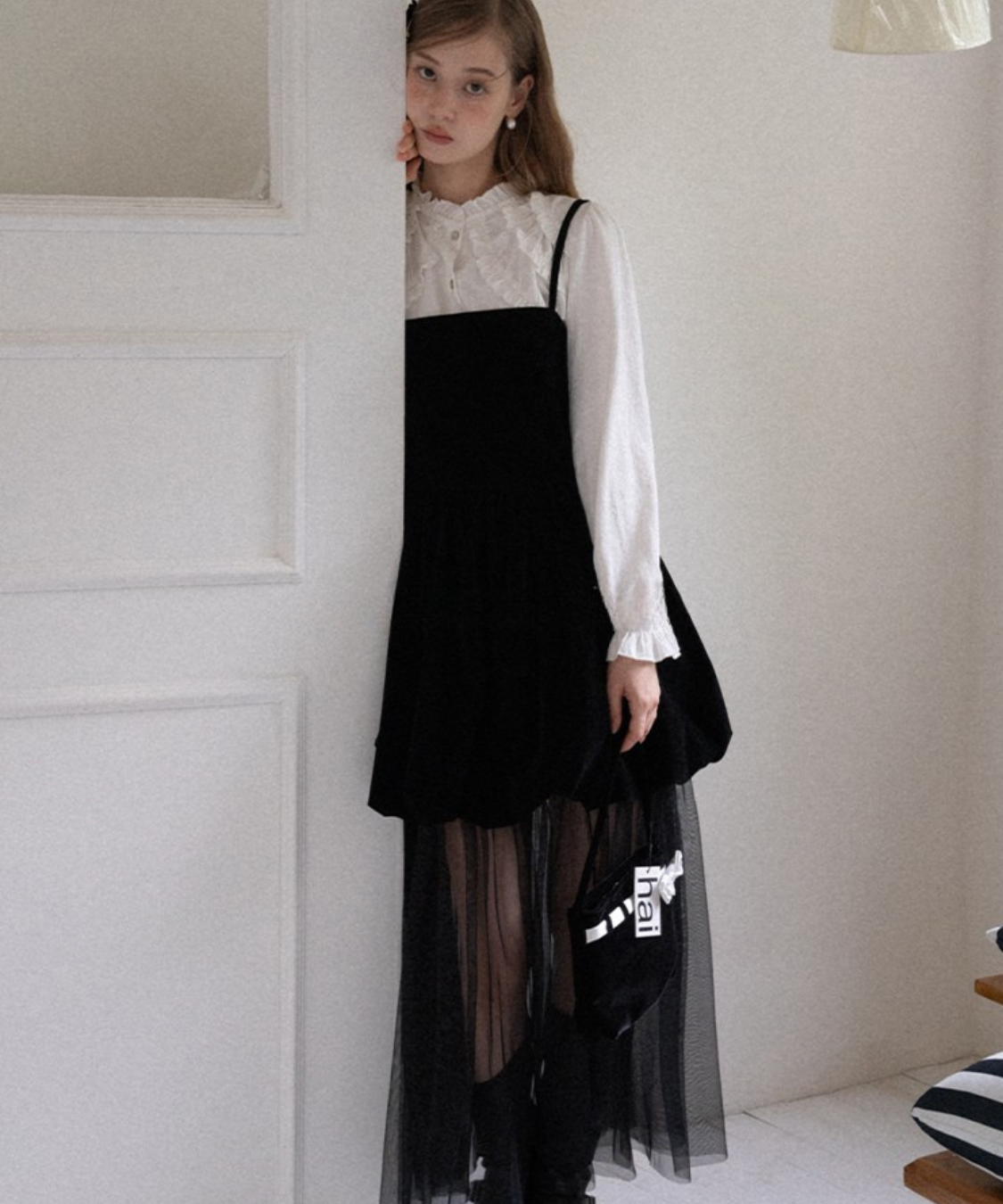 ベロア切替チュールスカートレイヤードキャミワンピース