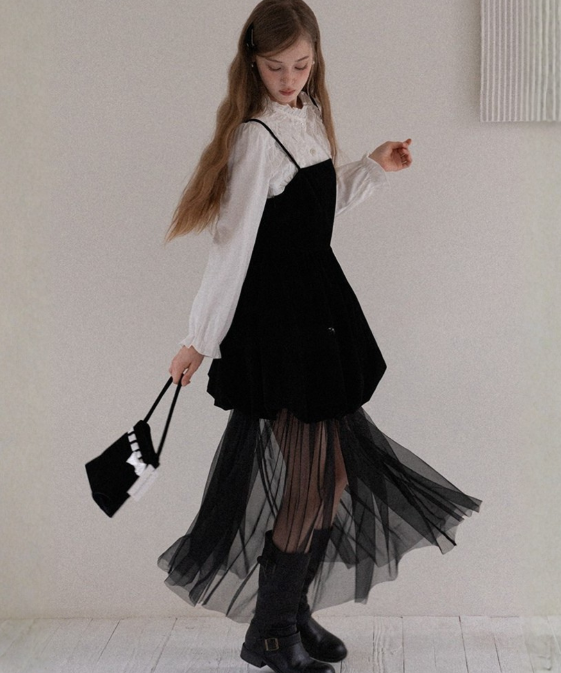 ベロア切替チュールスカートレイヤードキャミワンピース