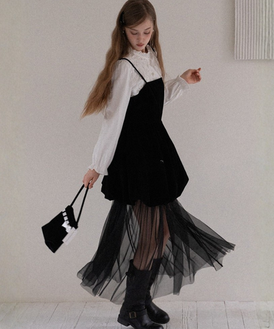 ベロア切替チュールスカートレイヤードキャミワンピース