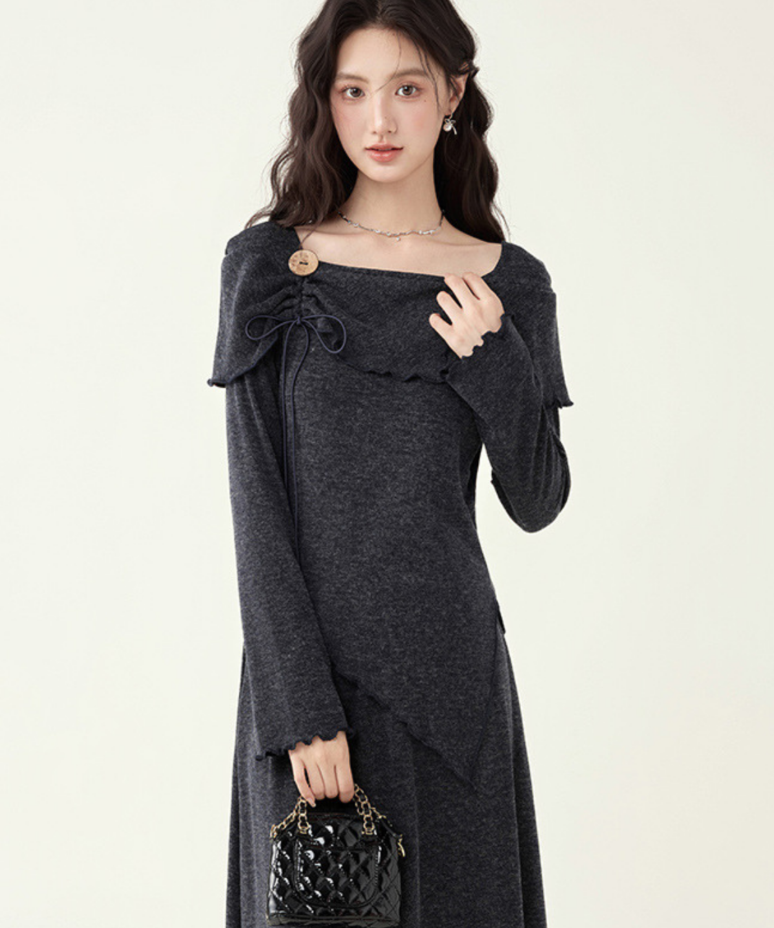 飾りリボン付きアシンメトリートップス＋フレアスカート 2点セット