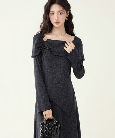 飾りリボン付きアシンメトリートップス＋フレアスカート 2点セット