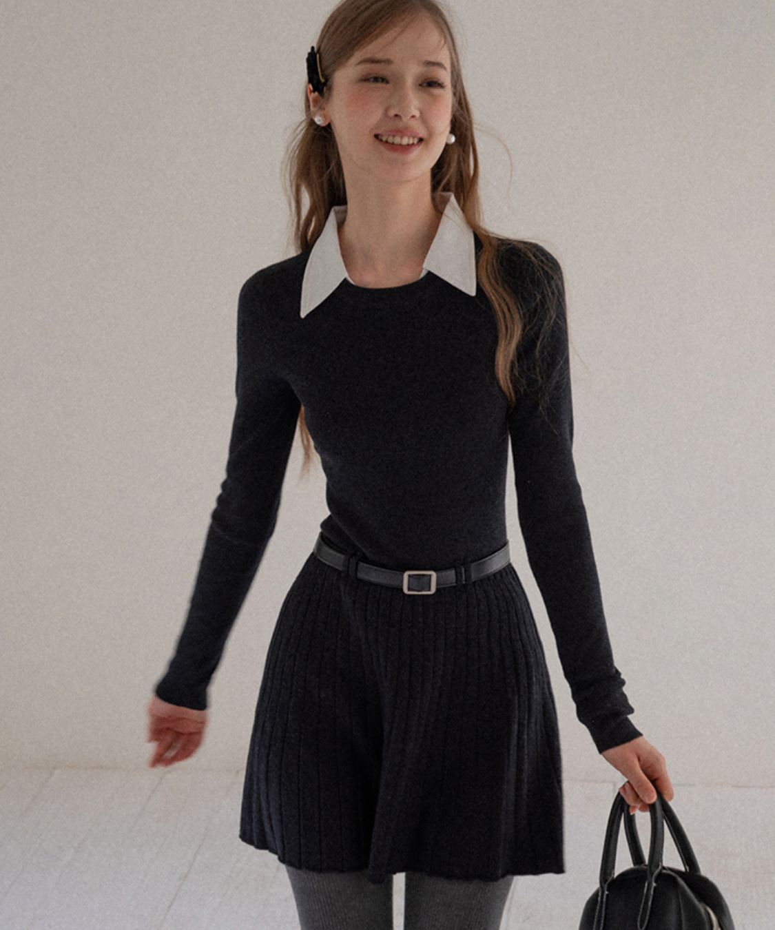 配色シャツ襟プリーツニットワンピース