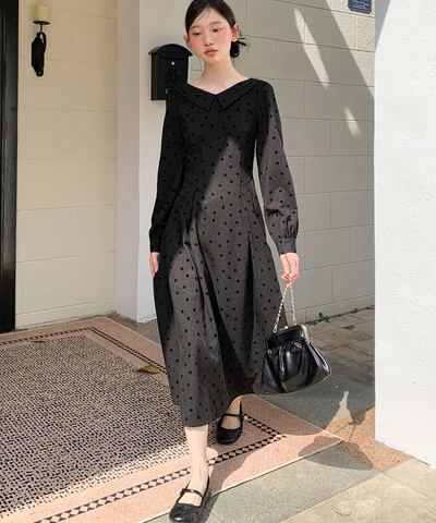 花柄フロッキードットフラットカラーワンピース