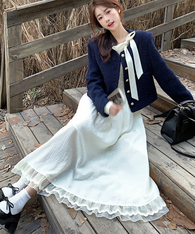 レース裾リボンフィットフレアワンピース